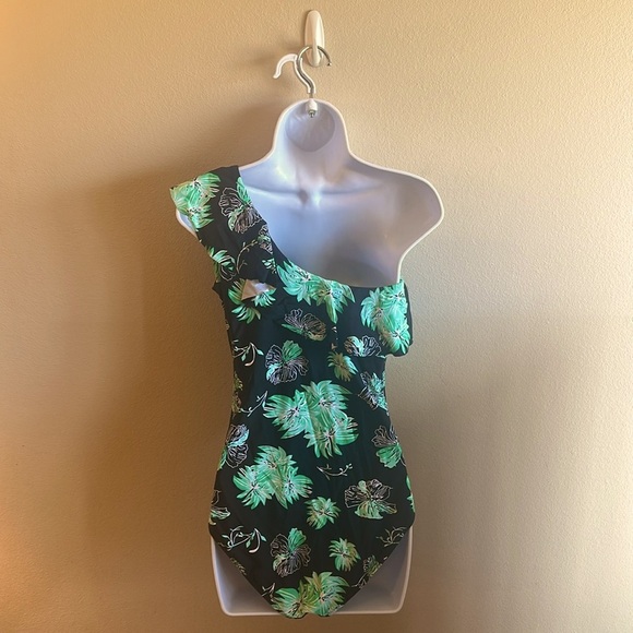 Hilor One Piece Asymmetric One Shoulder Bathing Suit Black/Green Womens Size 10 - Picture 8 of 16
